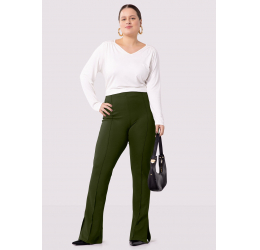 CALÇA FLARE PLUS SIZE ALFAIATARIA COM FENDA VERDE MOSQUETA LUNENDER