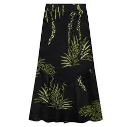 SAIA MIDI ESTAMPADA EM VISCOSE COM BABADO CAMOMILA PRETO - LUNENDER