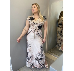 VESTIDO LONGO PLUS SIZE ESTAMPADO LISAMOUR CAPUCCINO